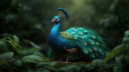 Obraz premium A vibrant peacock stands elegantly in a lush green environment, showcasing its stunning plumage and captivating colors.