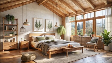Fototapeta premium How about this for naming the image: Modern living room with a fireplace, featuring a stylish sofa, wooden furniture, and elegant lighting