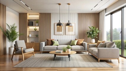Fototapeta premium A cozy modern living room with a fireplace, featuring stylish furniture and elegant design elements