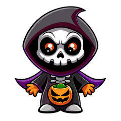 Cute Grim Reaper Halloween Costume: A cartoon grim reaper with a pumpkin bucket in a cute, friendly, and fun costume. perfect for Halloween greetings, party invitations, and spooky, yet whimsical, des