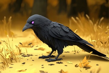 Naklejka premium Raven with glowing purple eyes in a field of yellow grass