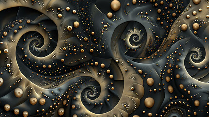 Abstract fractal art with swirling patterns and glowing orbs in shades of gold and black.