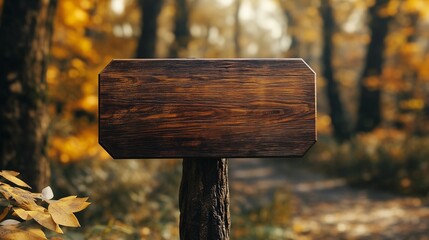 Wooden brown plank sign in dark forest guiding direction of destination