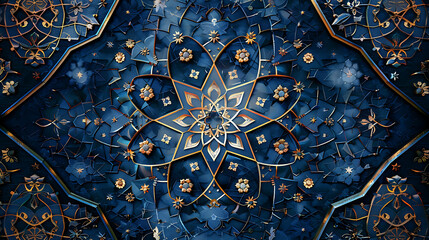 An intricate symmetrical pattern of blue and gold geometric shapes with a starburst design in the center.