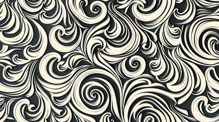 Abstract seamless pattern with swirling white lines on a black background.