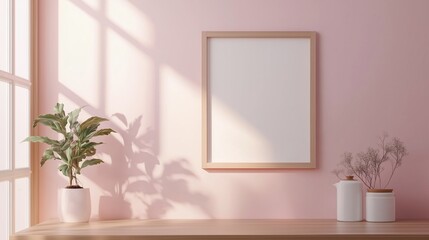 Blank white frame board on pink wall and plant interior home aesthetic decoration