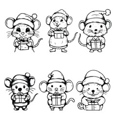 a mouse wearing a Santa Claus holding a gift box.cartoon vector illustration black line on white background.