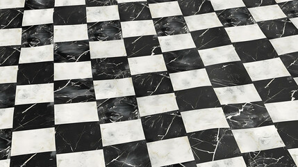 Checkerboard pattern of black and white marble floor tiles.