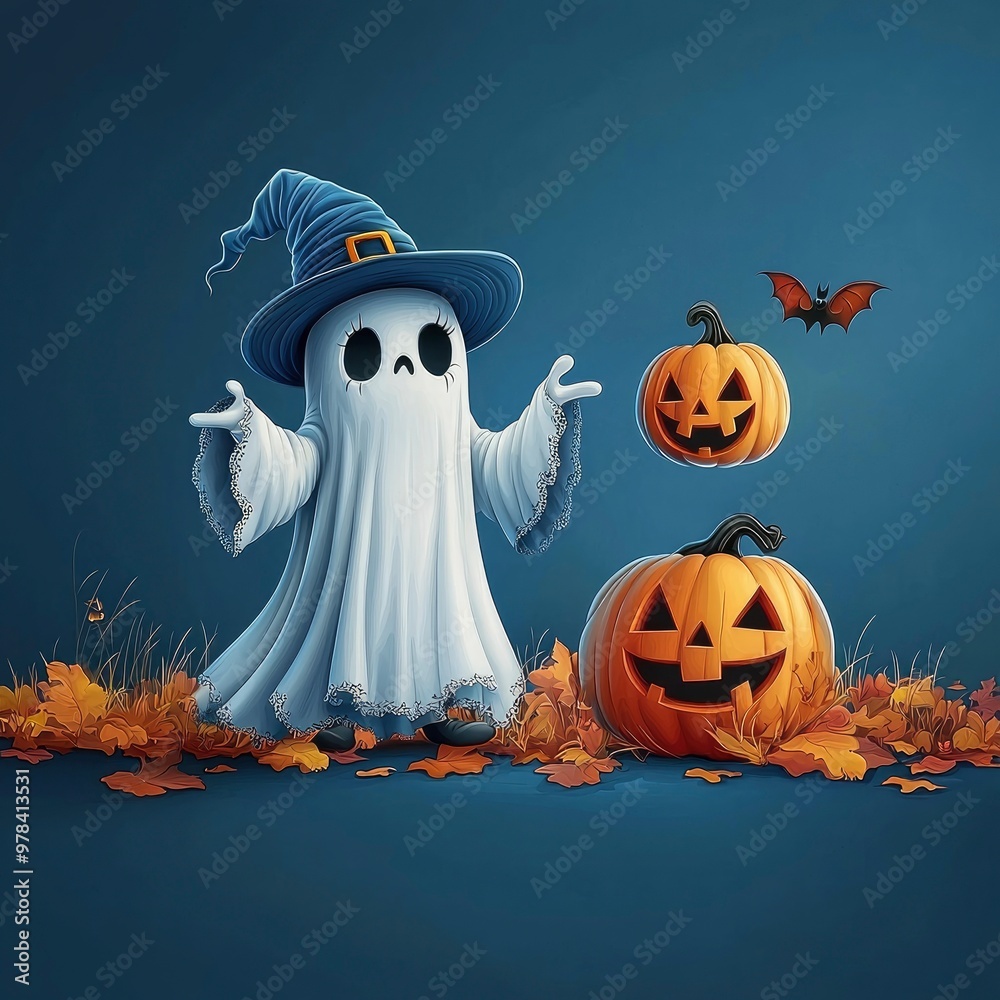 Poster Cute Ghost with Pumpkins and a Bat for Halloween