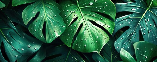 Fototapeta premium monstera leaves with water droplets, tropical background flat design, top view, jungle vibes, cartoon drawing, vivid colors