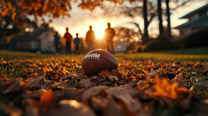 A football lies on a bed of autumn leaves, while children play in the background under the golden glow of the setting sun.
