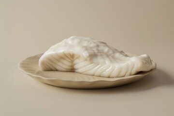 Fresh Cod Fillet on Plate: A pristine, white cod fillet rests on a simple, beige plate, ready for preparation. The minimalist backdrop emphasizes the fish's natural beauty