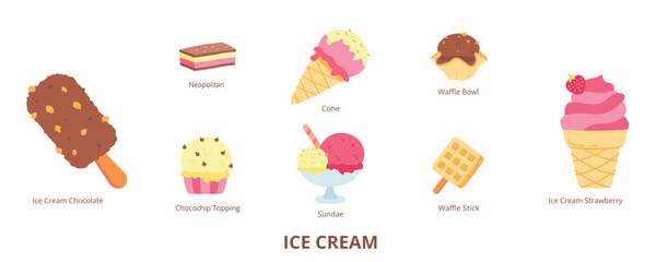 Ice Cream Flat Banner Web Icon Set Vector Illustration, Chocolate Strawberry Sundae Neapolitan Cone Waffle Bowl Waffle Stick Choco chip Topping