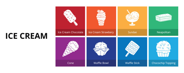 Ice Cream Glyph Solid Banner Web Icon Set Vector Illustration, Chocolate Strawberry Sundae Neapolitan Cone Waffle Bowl Waffle Stick Choco chip Topping