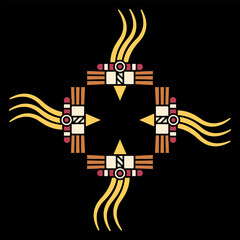 Geometrical abstract ornament with Native American motifs. On black background.