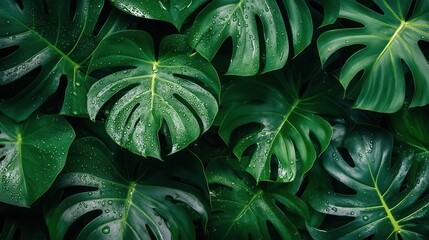 Fototapeta premium tropical monstera leaves with fresh water droplets, rainforest flat design, top view, vibrant nature, water color, Complementary Color Scheme