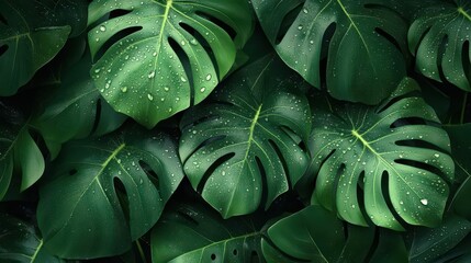 tropical monstera leaves with morning dew, flat design, top view, jungle tranquility, 3D render, Split-complementary Color Scheme