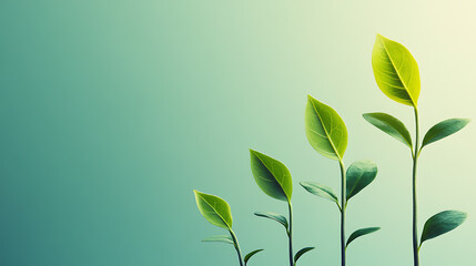 Five green sprouts reach towards the light on a soft blue background, symbolizing growth and new beginnings.