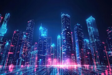 Fototapeta premium Futuristic city with towering skyscrapers and glowing neon lights