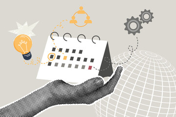 Trendy halftone collage. Project management concept, business development, teamwork. Illustration for web banner, social media banner, business presentation, marketing material.