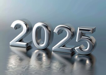 A Bold New Beginning: A futuristic and sleek 3D rendering of the year 2025, rendered in chrome against a sleek, metallic backdrop, signifying a fresh start, innovation