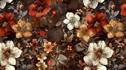 Fototapeta premium Beautiful floral pattern with red, white, and brown flowers on a dark brown background.