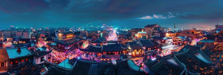 Fototapeta premium Seoul's Glittering Tapestry: A panoramic vista of Seoul's vibrant cityscape at twilight, ancient rooftops aglow beneath the electric hum of modern skyscrapers. 