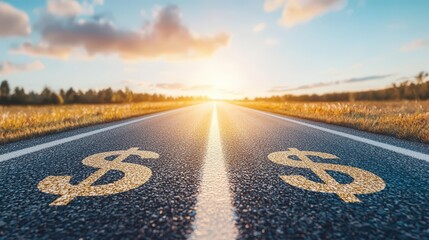 A road leading to a bright horizon with dollar signs along the way, symbolizing the journey to financial freedom.