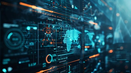 Criminal Prediction: Futuristic digital interface with real-time crime prediction data, map highlighting high-risk areas and crime trends, clean dark background emphasizing advanced technology.