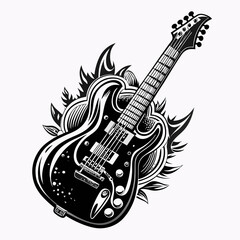 A black guitar with flames on it