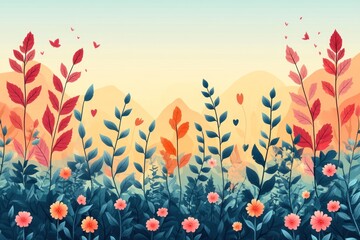 Abstract Landscape Illustration with Red and Blue Leaves and Pink Flowers