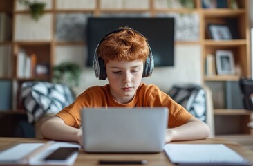 Boy wearing headphones using a laptop for online school, This represents the remote education concept