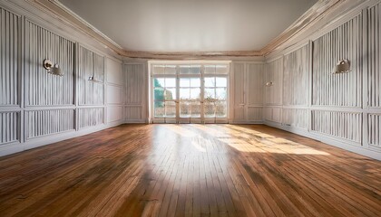 Fototapeta premium A wide-angle shot of an empty room with white paneling walls, wooden flooring, and a big win