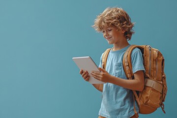 Young schoolboy with a backpack is using a tablet on a light blue background