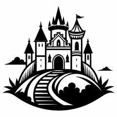 Obraz premium Enchanted Castle on a Hill Black and White Fantasy Illustration for Storybook Covers