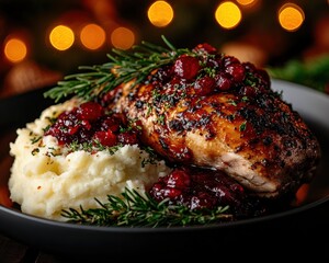 A perfectly roasted turkey, garnished with fragrant herbs, accompanied by mashed potatoes and cranberry sauce, is a delightful addition to any holiday celebration.