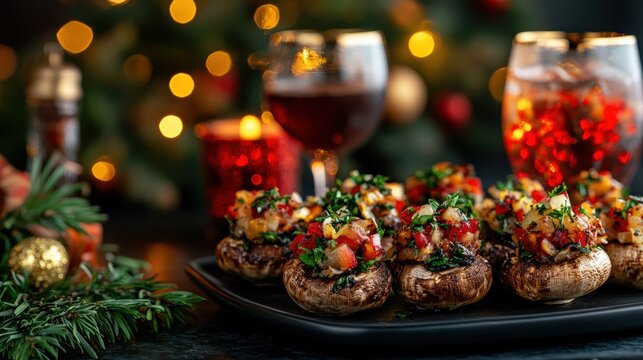 Sophisticated holiday appetizers featuring stuffed mushrooms and a vibrant festive cocktail, beautifully arranged against a backdrop of twinkling lights and seasonal decor.