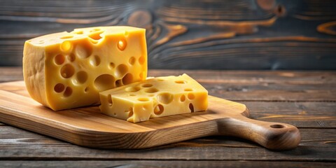Yellow cheese with holes served on a wooden board, cheese, yellow, holes, dairy, food, gourmet, Swiss, Emmental