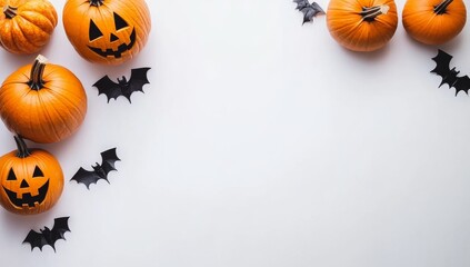 Halloween pumpkins and bats on a white background