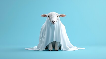 Naklejka premium A playful sheep covered with white blanket sits against light blue background, creating whimsical and charming scene. sheeps expression adds touch of humor to image