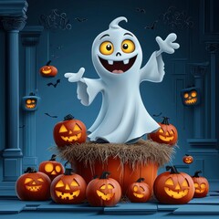 Friendly Ghost with Jack-O-Lanterns for Halloween