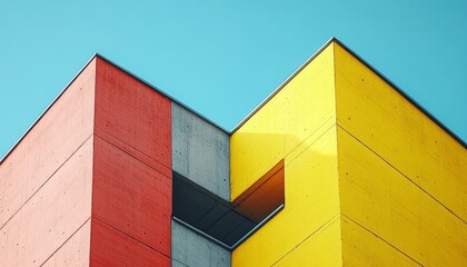 Abstract Geometric Building Facade with Red, Yellow, and Grey Panels