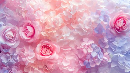 Fototapeta premium Valentine's Day Floral Delight, a vibrant backdrop showcasing a medley of pink and lilac roses, adorned with a variety of multicolored blooms, perfect for romantic settings.