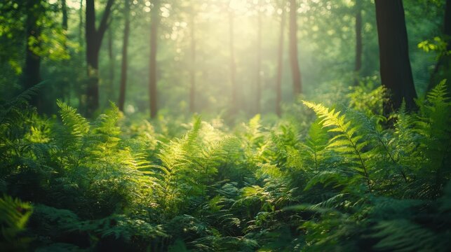 Calm forest scene with soft sunlight and lush greenery, inviting deep breaths and relaxation Wellness, Forest, peace, greenery
