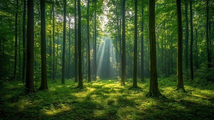 Obraz premium Peaceful forest scene with tall trees and a light breeze, symbolizing a deep breath of fresh air Wellness, Greenery, breathe, forest