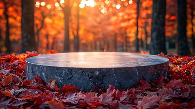 Circular marble display platform surrounded by autumn leaves, perfect for Thanksgiving and Halloween promotions. Ample copy space for text overlay.