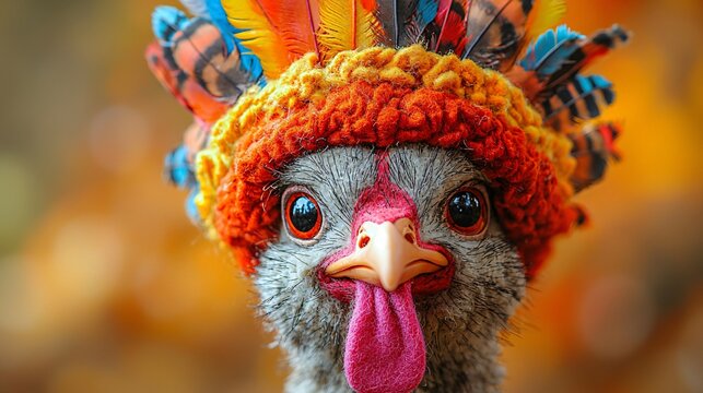 Colorful turkey puppet with a playful expression, perfect for Thanksgiving and Halloween décor, menus, and signs. With copy space for text integration.