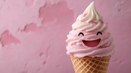 a happy smiling ice cream in a cone with copy space