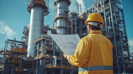Fototapeta premium a man worker power plant factory holding blueprint pointing check construction plan power plant