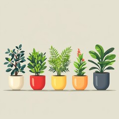 Obraz premium Illustration of Five Potted Plants with Colorful Pots